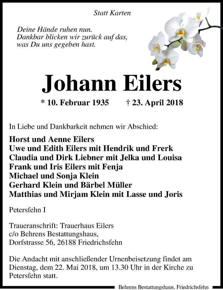  Traueranzeige für Johann Eilers vom 05.05.2018 aus Nordwest-Zeitung