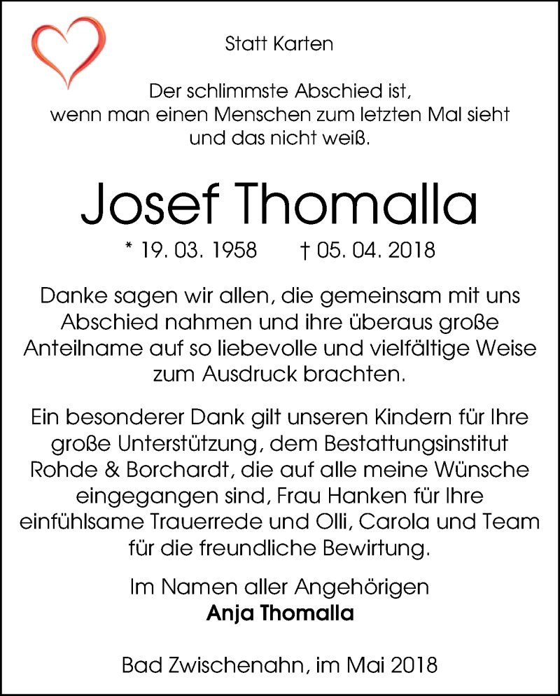  Traueranzeige für Josef Thomalla vom 26.05.2018 aus Nordwest-Zeitung
