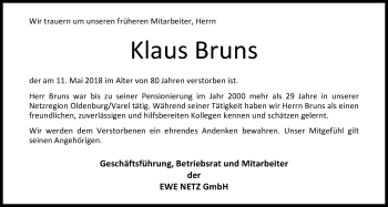 Traueranzeige von Klaus Bruns von Nordwest-Zeitung