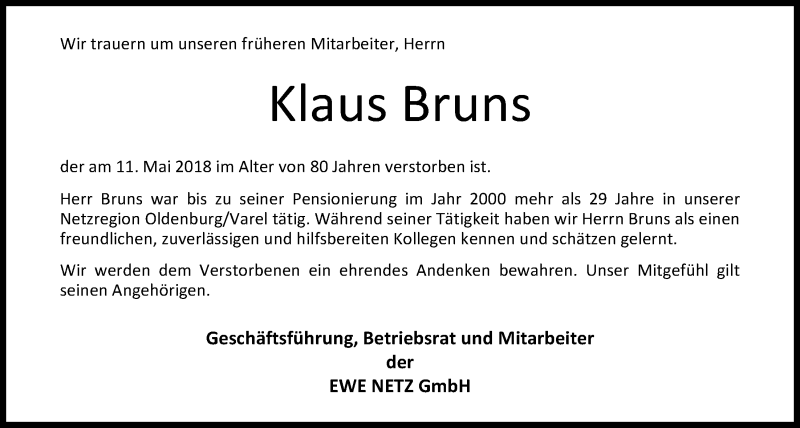  Traueranzeige für Klaus Bruns vom 19.05.2018 aus Nordwest-Zeitung