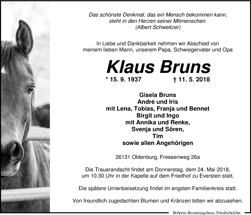  Traueranzeige für Klaus Bruns vom 19.05.2018 aus Nordwest-Zeitung