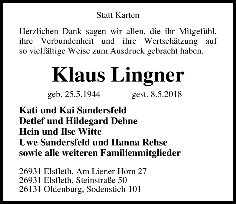  Traueranzeige für Klaus Lingner vom 26.05.2018 aus Nordwest-Zeitung