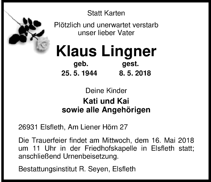  Traueranzeige für Klaus Lingner vom 14.05.2018 aus Nordwest-Zeitung