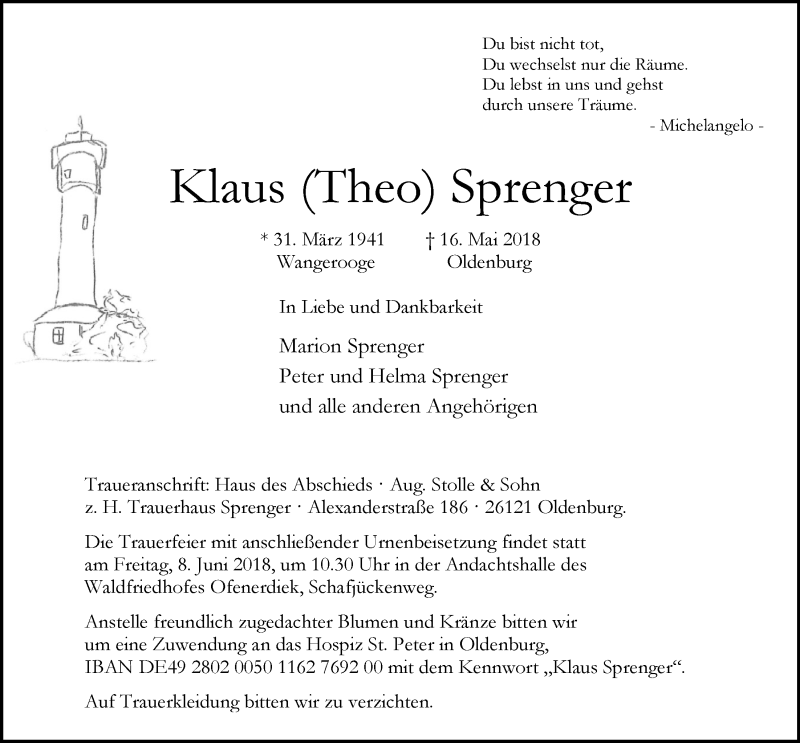  Traueranzeige für Klaus Sprenger vom 30.05.2018 aus Nordwest-Zeitung