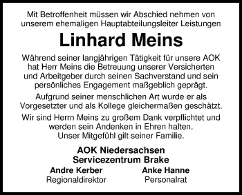 Traueranzeige von Linhard Meins von Nordwest-Zeitung