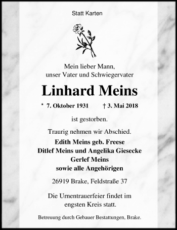 Traueranzeige von Linhard Meins von Nordwest-Zeitung