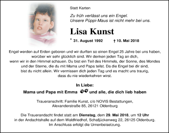 Traueranzeige von Lisa Kunst von Nordwest-Zeitung