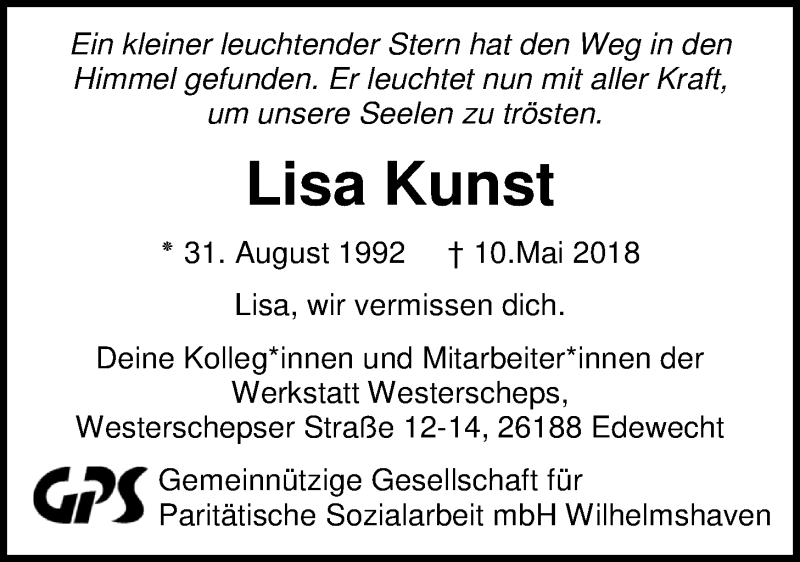  Traueranzeige für Lisa Kunst vom 28.05.2018 aus Nordwest-Zeitung