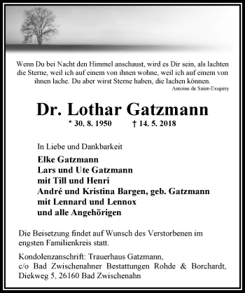 Traueranzeige von Dr. Lothar Gatzmann von Nordwest-Zeitung