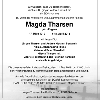 Traueranzeige von Magda Tharsen von Nordwest-Zeitung