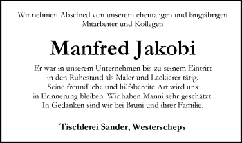 Traueranzeige von Manfred Jakobi von Nordwest-Zeitung