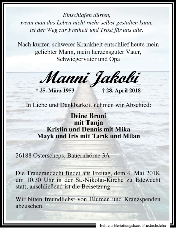 Traueranzeige von Manfred Jakobi von Nordwest-Zeitung
