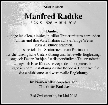 Traueranzeige von Manfred Radtke von Nordwest-Zeitung