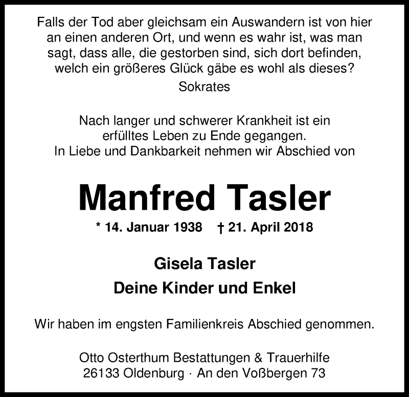  Traueranzeige für Manfred Tasler vom 18.05.2018 aus Nordwest-Zeitung