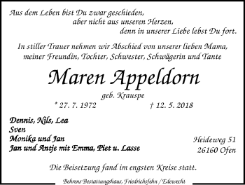 Traueranzeige von Maren Appeldorn von Nordwest-Zeitung