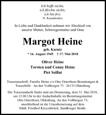Traueranzeige von Margot Heine von Nordwest-Zeitung