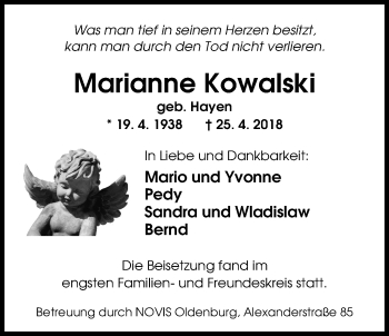Traueranzeige von Marianne Kowalski von Nordwest-Zeitung