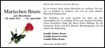 Traueranzeige von Mariechen Bruns von Nordwest-Zeitung
