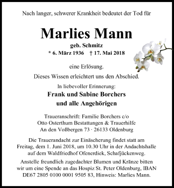 Traueranzeige von Marlies Mann von Nordwest-Zeitung