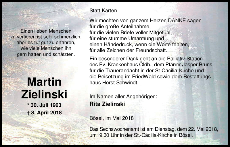  Traueranzeige für Martin Zielinski vom 18.05.2018 aus Nordwest-Zeitung