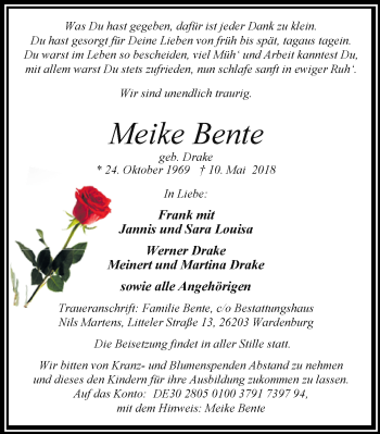 Traueranzeige von Meike Bente von Nordwest-Zeitung