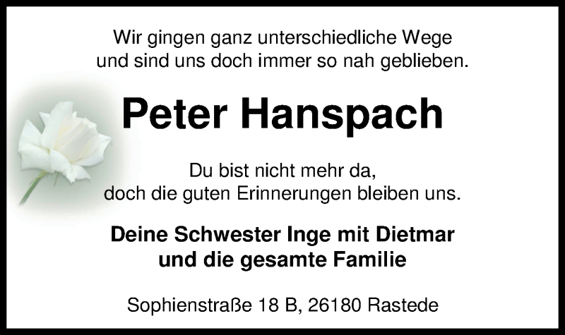  Traueranzeige für Peter Hanspach vom 19.05.2018 aus Nordwest-Zeitung