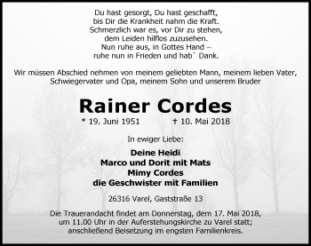 Traueranzeige von Rainer Cordes von Nordwest-Zeitung