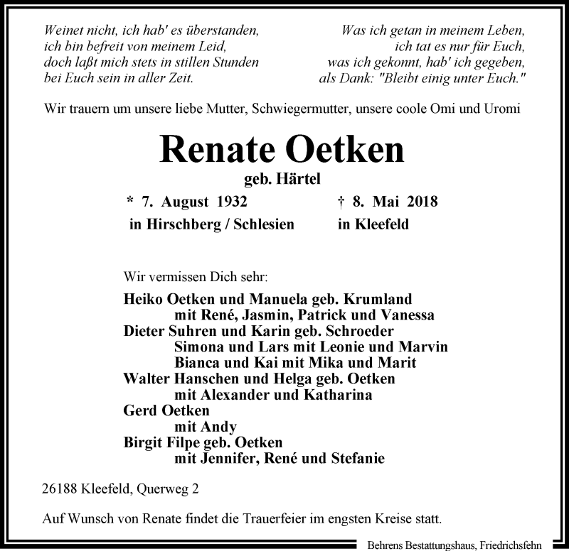  Traueranzeige für Renate Oetken vom 14.05.2018 aus Nordwest-Zeitung