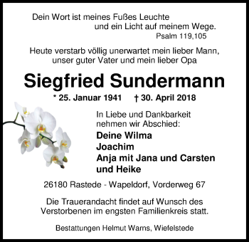 Traueranzeige von Siegfried Sundermann von Nordwest-Zeitung