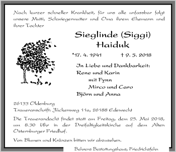 Traueranzeige von Sieglinde Haiduk von Nordwest-Zeitung