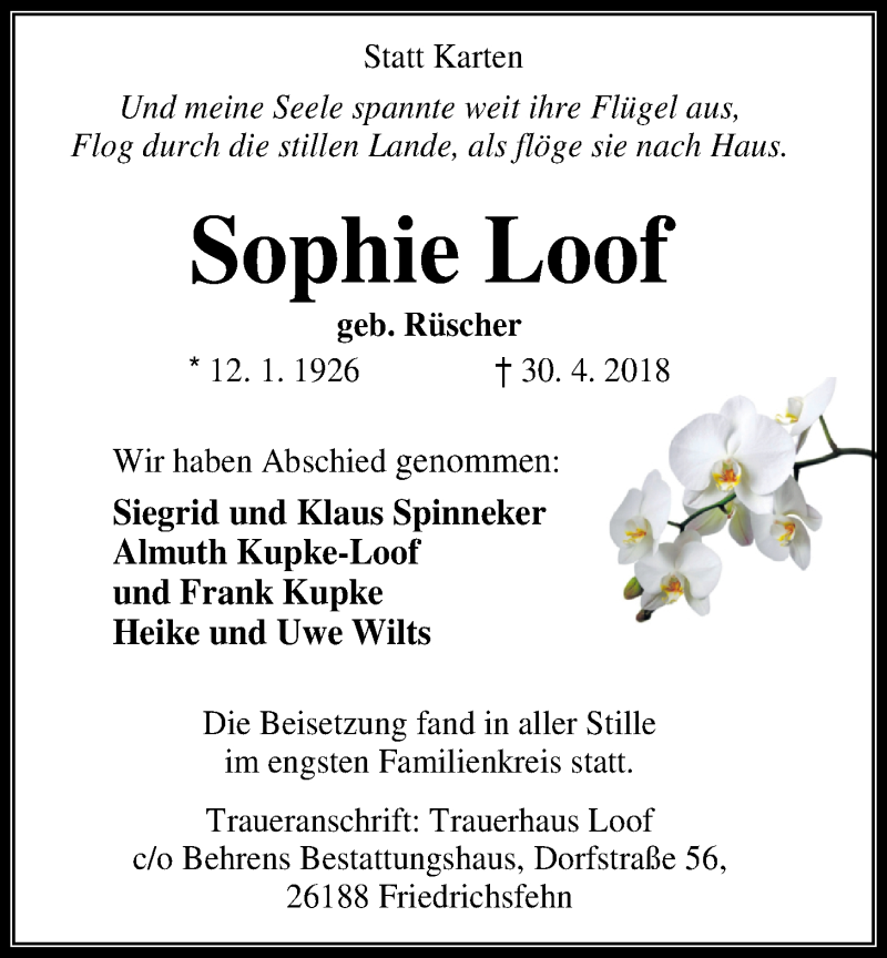  Traueranzeige für Sophie Loof vom 18.05.2018 aus Nordwest-Zeitung