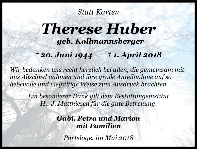  Traueranzeige für Therese Huber vom 19.05.2018 aus Nordwest-Zeitung