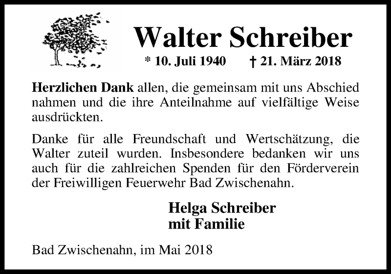  Traueranzeige für Walter Schreiber vom 05.05.2018 aus Nordwest-Zeitung