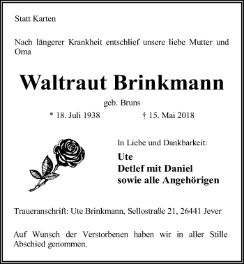 Traueranzeige von Waltraut Brinkmann von Nordwest-Zeitung