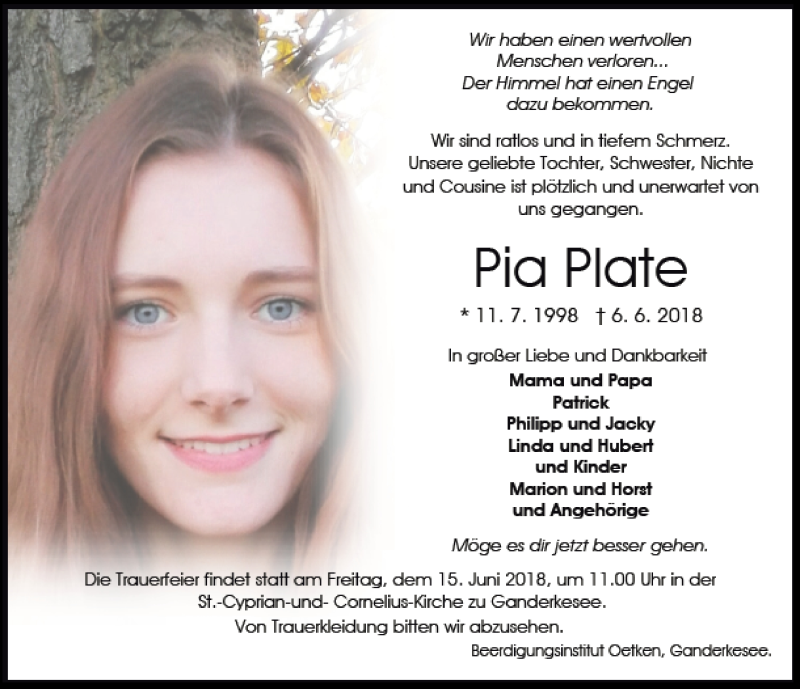  Traueranzeige für Pia Plate vom 12.06.2018 aus Nordwest-Zeitung