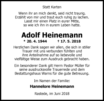 Traueranzeige von Adolf Heinemann von Nordwest-Zeitung