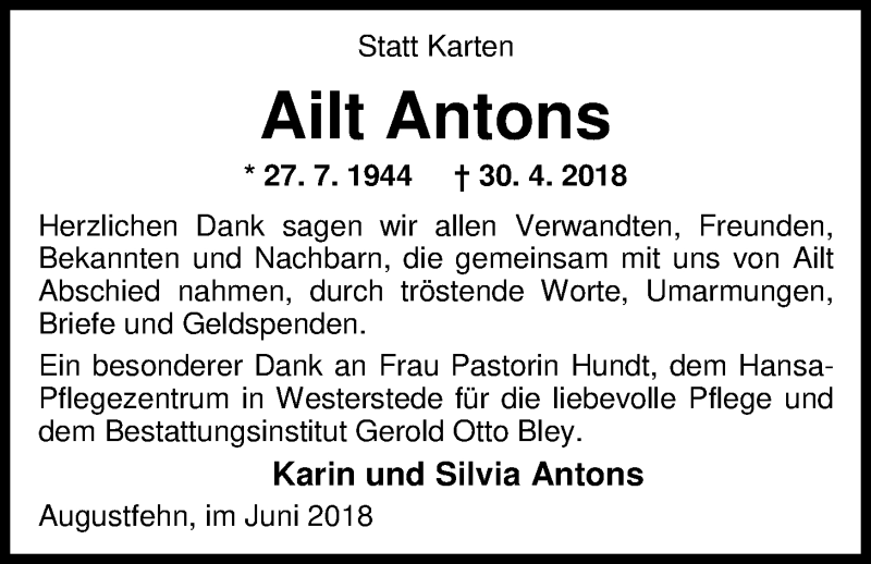  Traueranzeige für Ailt Antons vom 16.06.2018 aus Nordwest-Zeitung