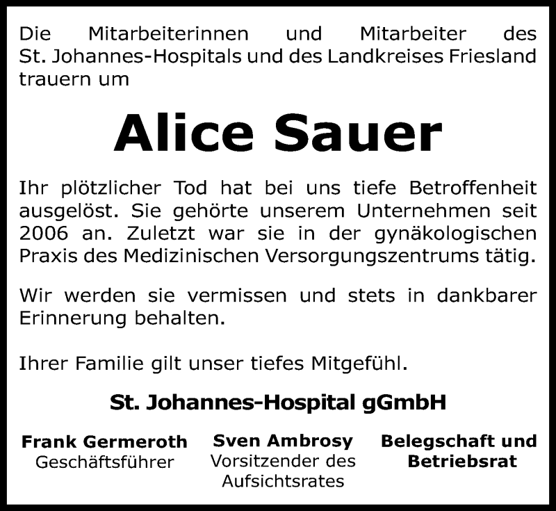  Traueranzeige für Alice Sauer vom 02.06.2018 aus Nordwest-Zeitung