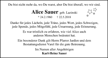 Traueranzeige von Alice Sauer von Nordwest-Zeitung