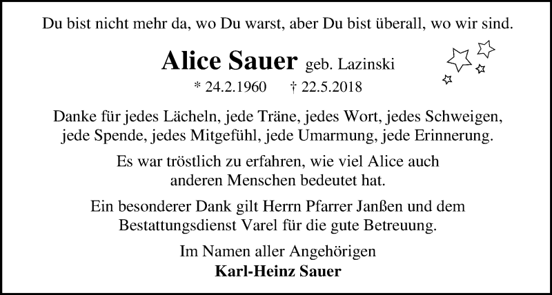  Traueranzeige für Alice Sauer vom 29.06.2018 aus Nordwest-Zeitung