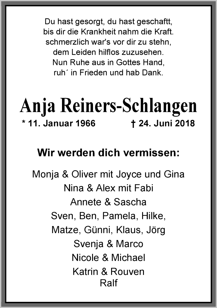  Traueranzeige für Anja Reiners-Schlangen vom 30.06.2018 aus Nordwest-Zeitung