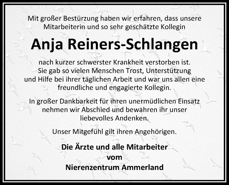  Traueranzeige für Anja Reiners-Schlangen vom 27.06.2018 aus Nordwest-Zeitung