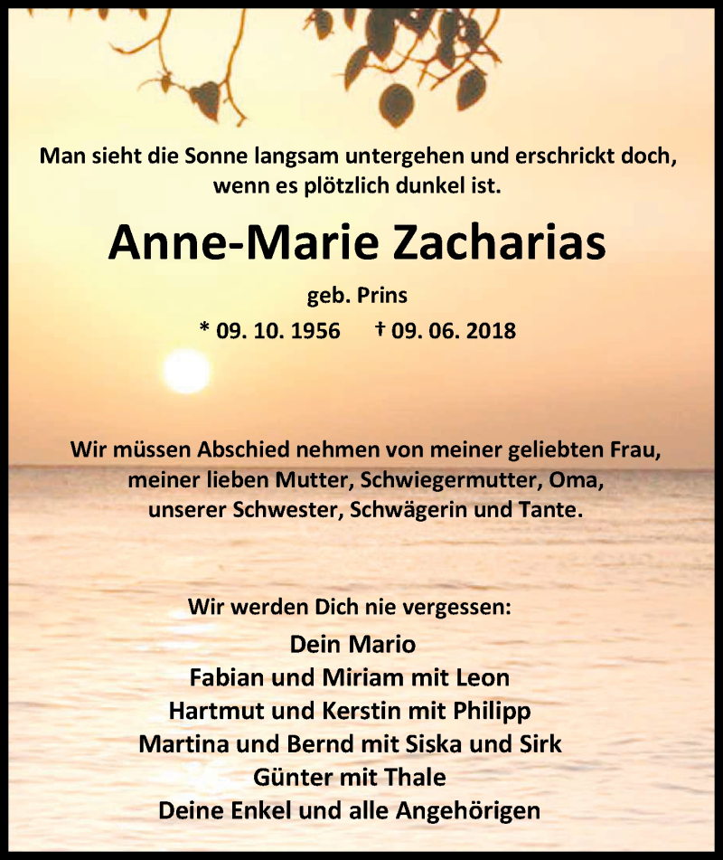 Traueranzeige für Anne-Marie Zacharias vom 16.06.2018 aus Nordwest-Zeitung