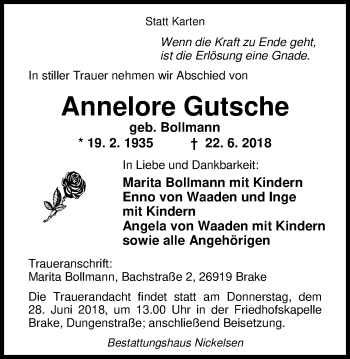 Traueranzeige von Annelore Gutsche von Nordwest-Zeitung