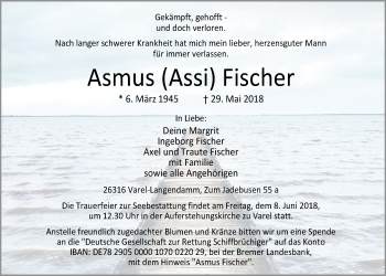 Traueranzeige von Asmus Fischer von Nordwest-Zeitung