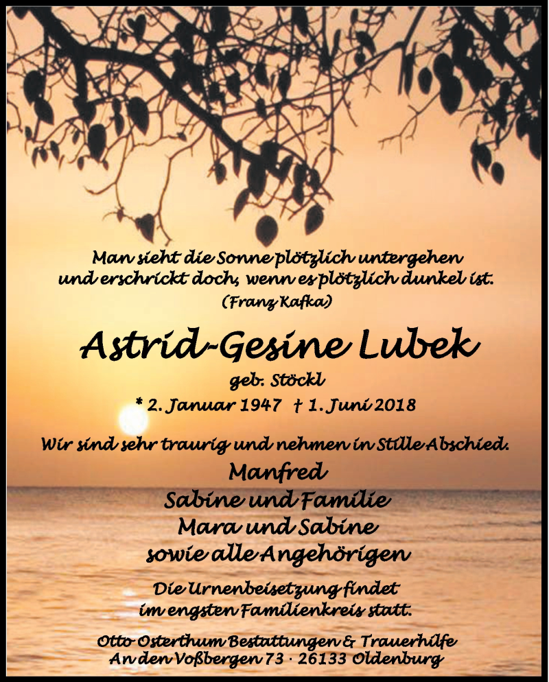  Traueranzeige für Astrid-Gesine Lubek vom 05.06.2018 aus Nordwest-Zeitung