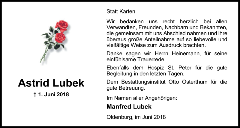  Traueranzeige für Astrid Lubek vom 29.06.2018 aus Nordwest-Zeitung