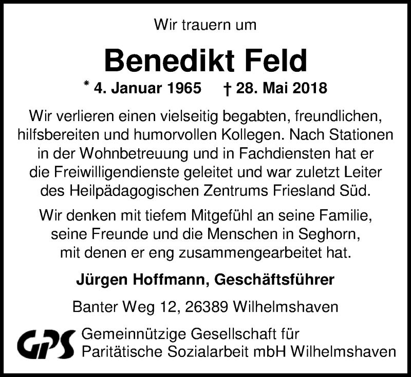  Traueranzeige für Benedikt Feld vom 09.06.2018 aus Nordwest-Zeitung