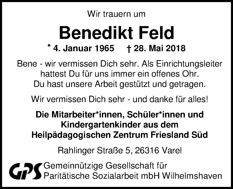  Traueranzeige für Benedikt Feld vom 09.06.2018 aus Nordwest-Zeitung
