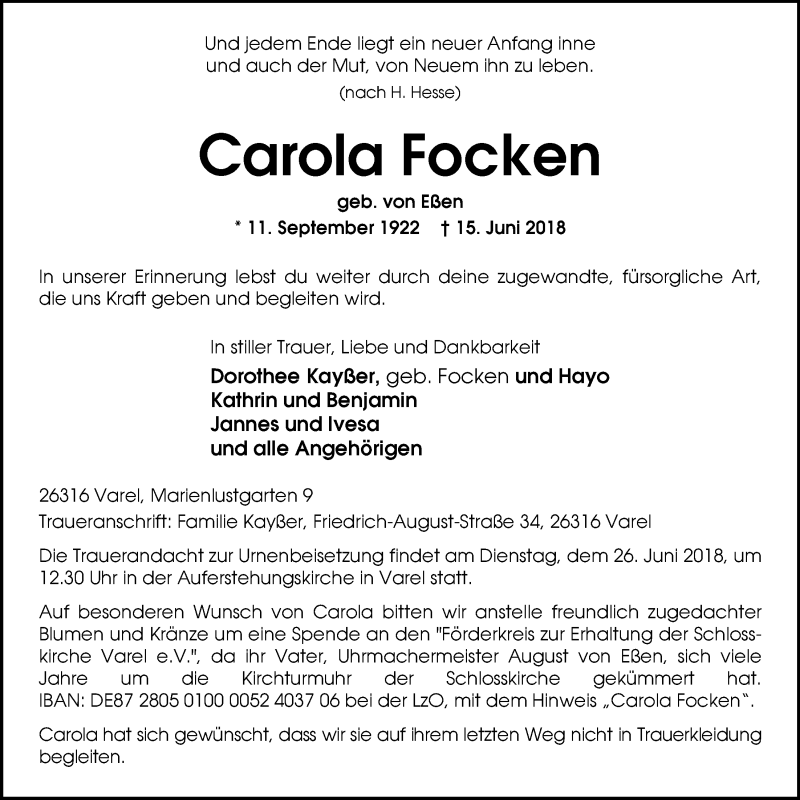  Traueranzeige für Carola Focken vom 22.06.2018 aus Nordwest-Zeitung